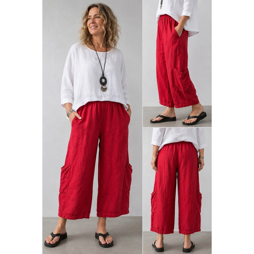 Bryn Walker Red 100% Linen Cargo Crop Pants XL Elastic Waist Made in USA